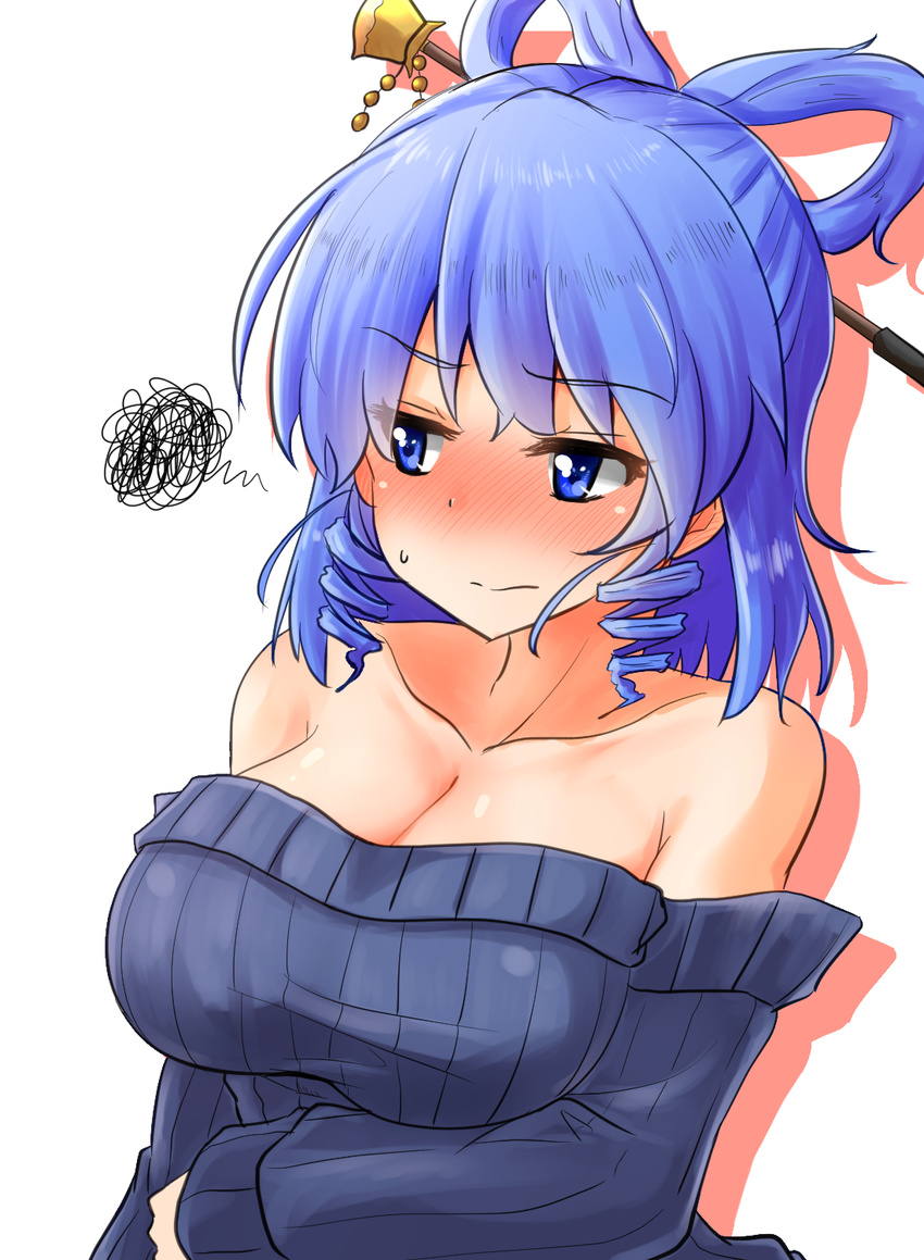 bangs bare_shoulders blue_eyes blue_hair blue_sweater blush breasts cleavage closed_mouth drill_hair eyebrows_visible_through_hair hair_ornament hair_rings hair_stick highres kaku_seiga large_breasts long_hair looking_away looking_to_the_side nose_blush off-shoulder_sweater oshiaki side_drill simple_background solo squiggle sweat sweater touhou twin_drills upper_body white_background