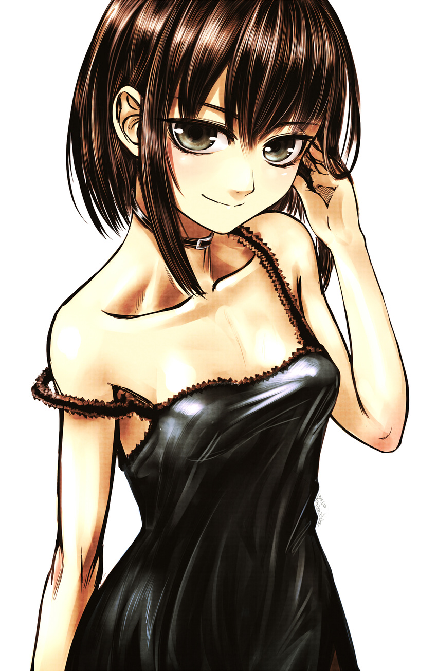 bangs bare_arms bare_shoulders black_choker black_dress blush breasts brown_hair choker closed_mouth collarbone commentary_request dress eyebrows_visible_through_hair grey_eyes hand_in_hair highres kotoba_noriaki looking_at_viewer nightgown off_shoulder original short_hair simple_background small_breasts smile solo upper_body white_background