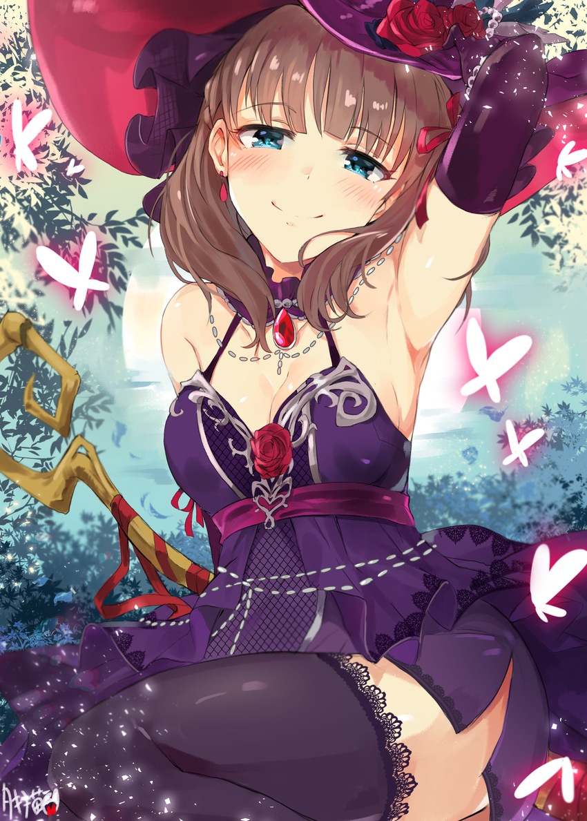 absurdres arm_up armpits black_legwear blue_eyes blush breasts brown_hair cleavage commentary_request earrings elbow_gloves gloves hair_ribbon hairband hat highres idolmaster idolmaster_cinderella_girls idolmaster_cinderella_girls_starlight_stage jewelry looking_at_viewer medium_breasts open_mouth ribbon sakuma_mayu short_hair smile solo staff thighhighs tuxedo_de_cat witch_hat