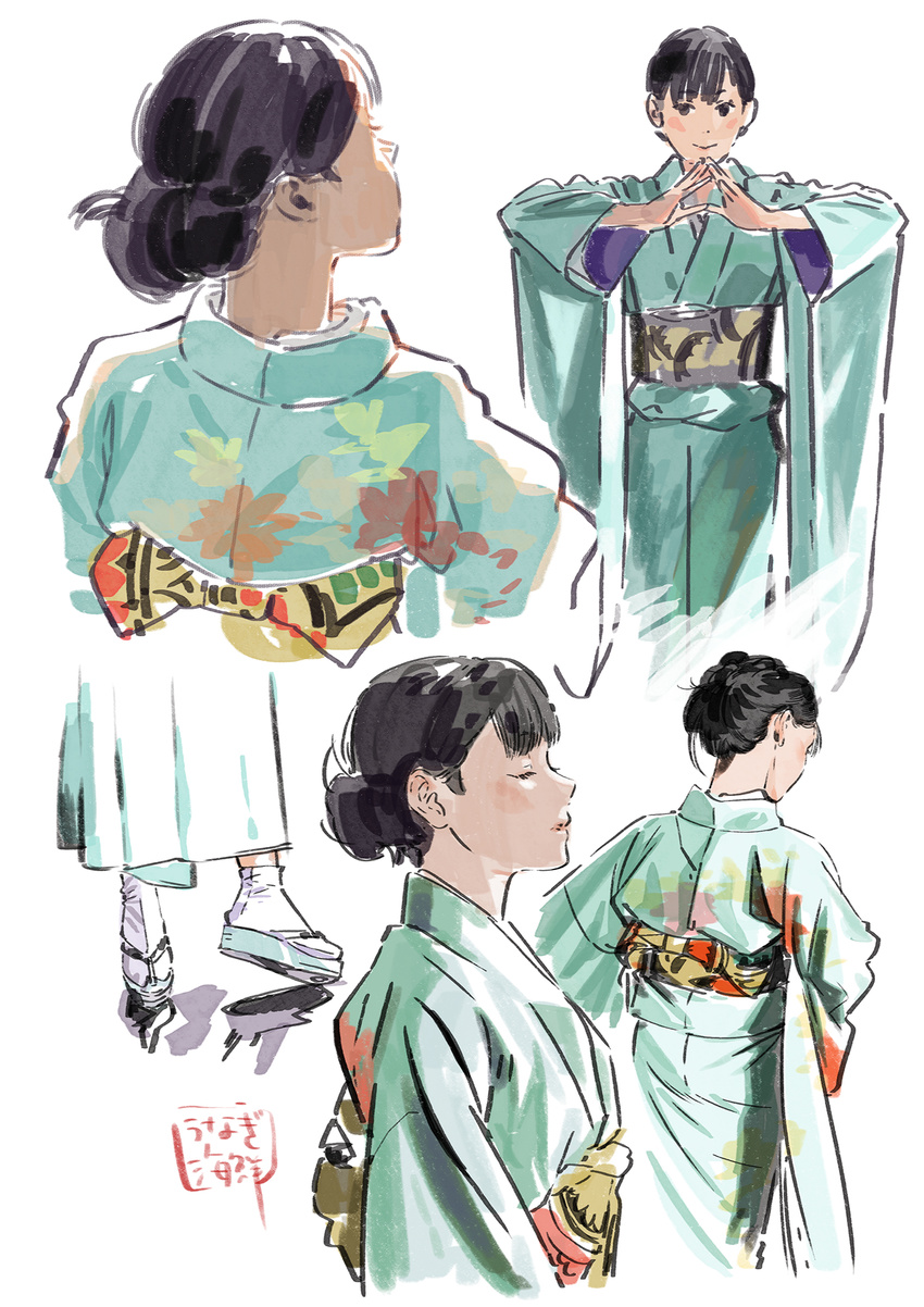 black_eyes black_hair blue_kimono blush closed_eyes closed_mouth commentary eyebrows_visible_through_hair facing_away floral_print from_behind from_side hair_bun highres japanese_clothes kimono looking_at_viewer multiple_views obi original parted_lips profile sandals sash signature sketch smile socks umishima_senbon white_background wide_sleeves