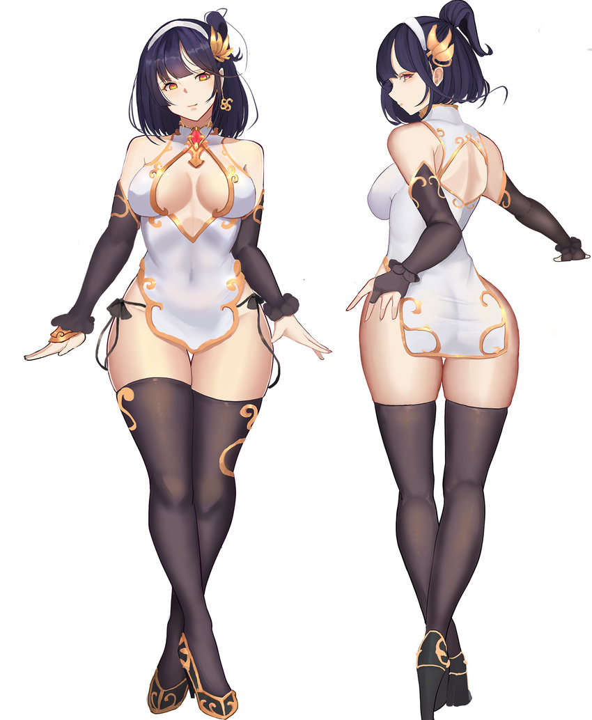 arms_at_sides ass black_hair black_legwear breasts bridal_gauntlets china_dress chinese_clothes closed_mouth commentary_request covered_navel detached_sleeves dress full_body gg-e hair_ornament hairband highres looking_at_viewer medium_breasts multiple_views one_side_up orange_eyes original revision short_dress short_hair smile standing thigh_gap thighhighs white_dress