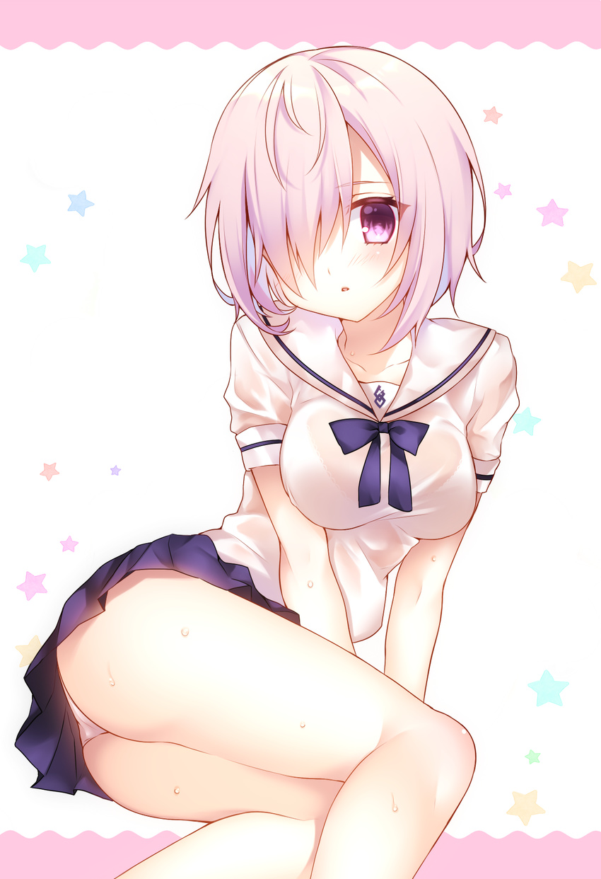 ass blue_neckwear blue_ribbon blue_skirt chihiro_(khorosho) collarbone fate/grand_order fate_(series) hair_over_one_eye highres looking_at_viewer mash_kyrielight miniskirt neck_ribbon panties parted_lips pink_hair pleated_skirt purple_eyes ribbon shirt short_hair skirt solo star underwear wet wet_clothes wet_shirt white_panties white_shirt