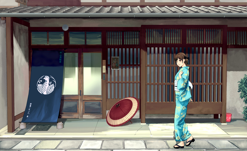 aqua_kimono architecture brown_eyes brown_hair bucket closed_mouth commentary_request east_asian_architecture floral_print from_side hair_bun highres house japanese_clothes kimono long_sleeves munakata_(hisahige) no_socks obi oriental_umbrella original plant sandals sash smile solo standing stone_floor umbrella walking wide_sleeves