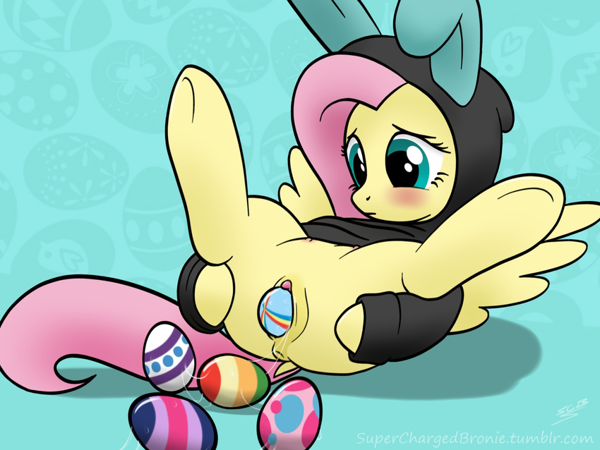 anus blue_background blue_eyes blush bottomless bunny_costume clitoris clothed clothing costume dyani-yahto easter_eggs egg equine fake_ears fake_rabbit_ears feathered_wings feathers female feral fluttershy_(mlp) friendship_is_magic fur hair hoodie hooves lying mammal my_little_pony nipples on_back oviposition pegasus pink_hair pussy pussy_juice simple_background solo spread_legs spreading teats underhoof wing_boner wings yellow_feathers yellow_fur