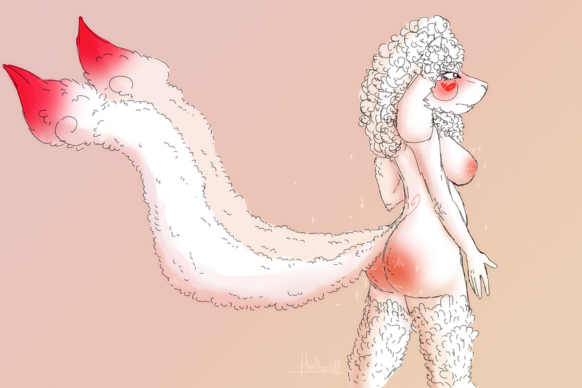 2017 anthro big_breasts big_butt blush breasts butt caprine female fur hair heathecliff heathecliff_(heathecliff) horn long_hair long_tail mammal niyassur pink_background red_eyes red_fur sheep simple_background solo standing tattoo white_fur white_hair