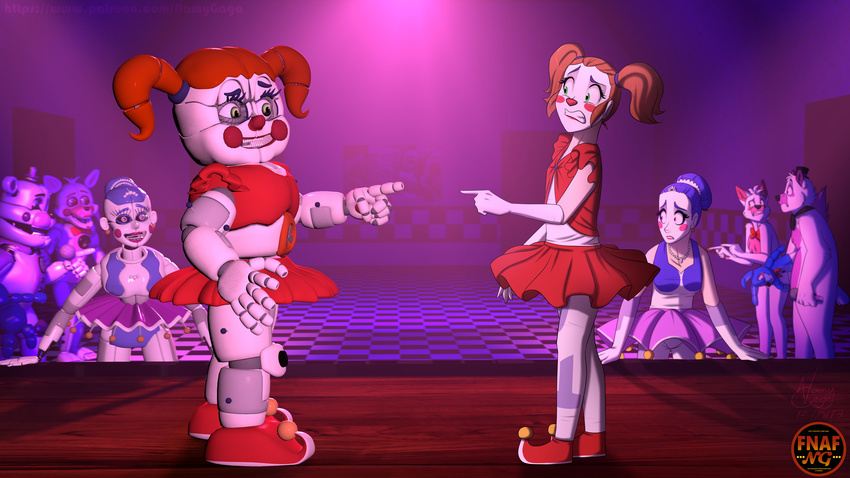 animatronic anthro baby_(fnafsl) ballora_(fnafsl) bear bow canine clothing five_nights_at_freddy's fox funtime_foxy_(fnafsl) funtime_freddy_(fnafsl) hat humanoid jewelry lagomorph machine mammal namygaga necklace puppet_bonnie_(fnafsl) rabbit robot sister_location stage video_games