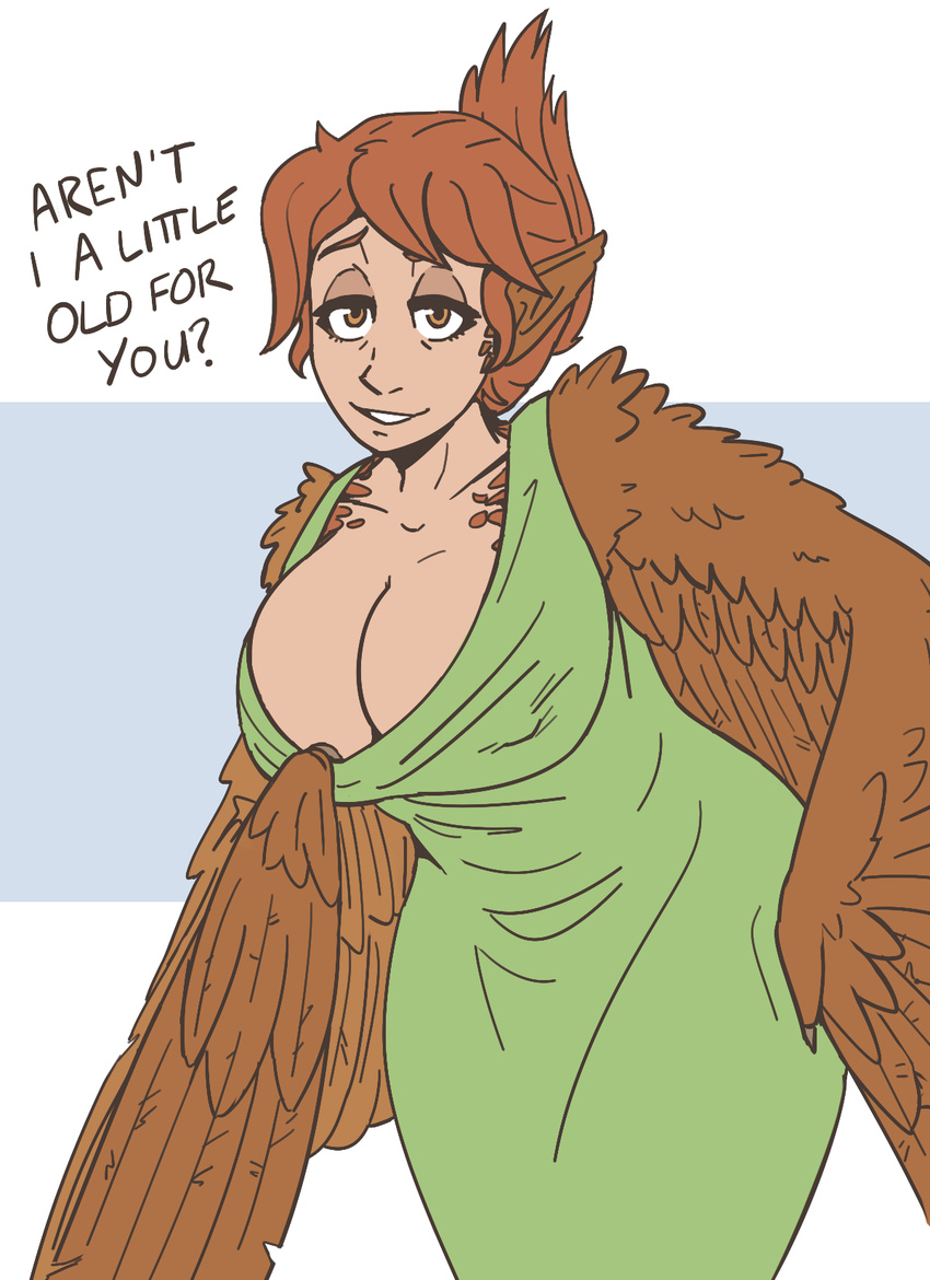 2017 animal_humanoid avian avian_humanoid bedroom_eyes big_breasts biped bird blue_background breasts brown_claws brown_eyes brown_feathers brown_hair brown_wings chicken claws cleavage clothed clothing clothing_pull dialogue digital_drawing_(artwork) digital_media_(artwork) dress english_text eyelashes feathered_wings feathers female green_clothing hair hair_bun half-closed_eyes hand_on_hip harpy hi_res humanoid leaning leaning_forward light_skin looking_at_viewer mature_female mother_hen_(slightlysimian) nipple_bulge pointy_ears portrait presenting presenting_breasts raised_eyebrow seductive short_hair simple_background slightlysimian small_waist smile solo standing talking_to_viewer tan_skin text three-quarter_portrait voluptuous white_background wide_hips winged_arms winged_humanoid wings