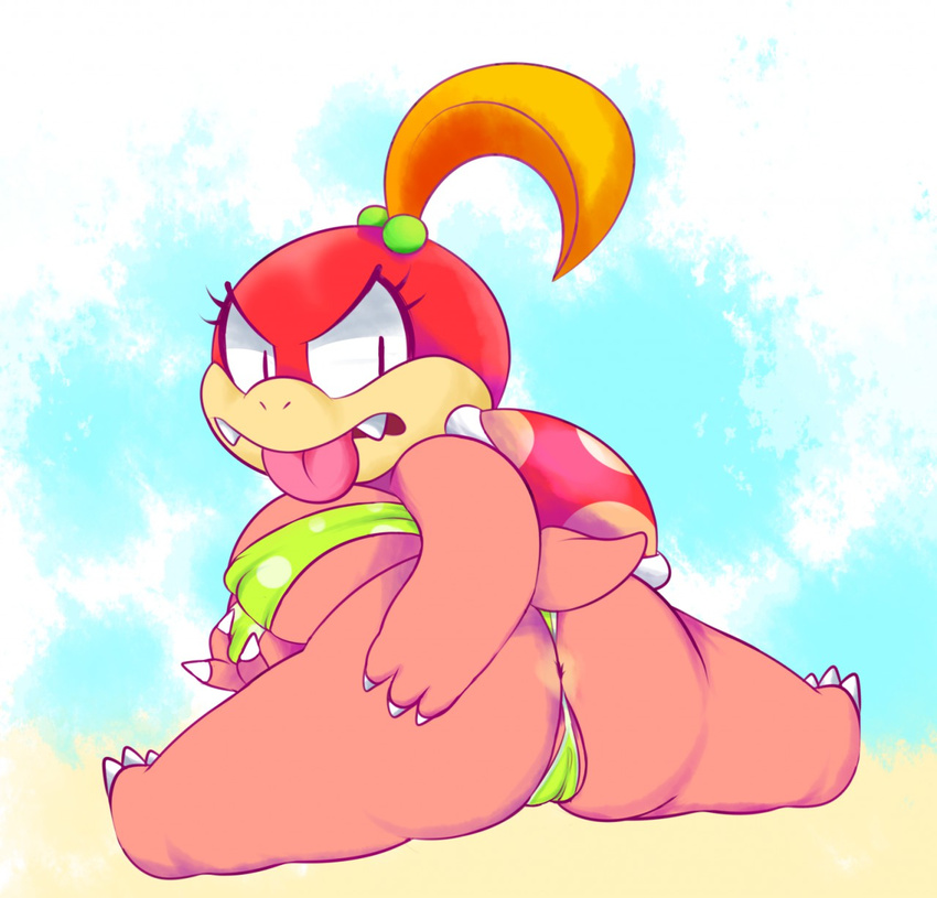 angry anus bikini breasts butt camel_toe claws clothing digital_media_(artwork) eyelashes female hair looking_back mario_bros missdetrop nintendo orange_hair pink_scales pom_pom_(mario) ponytail red_scales scales shell short_tail sitting solo swimsuit tongue tongue_out video_games
