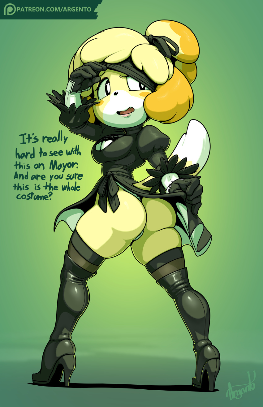 animal_crossing anthro argento blindfold boots canine clothed clothing cosplay dialogue english_text female footwear high_heels isabelle_(animal_crossing) legwear looking_back mammal nier_automata nintendo shoes solo standing stockings text thick_thighs thigh_high_boots thigh_highs underwear video_games yorha_2b