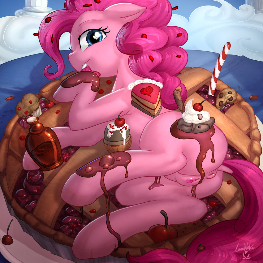 2017 anthro anus big_eyes blue_eyes collaboration detailed_background equine eyelashes female food friendship_is_magic fur hair hi_res horse licking looking_at_viewer looking_back lumineko lying mammal my_little_pony on_side pie pink_fur pink_hair pink_pussy pinkie_pie_(mlp) pussy raised_leg signature solo sweets tongue tongue_out vest_(artist)