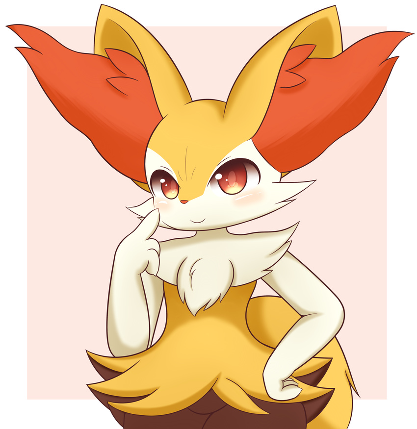 absurd_res amber_eyes blush braixen canine female hand_on_hip hand_up hi_res looking_at_viewer mammal nintendo pink_background pok&eacute;mon pok&eacute;mon_(species) simple_background smile solo unknown_artist video_games