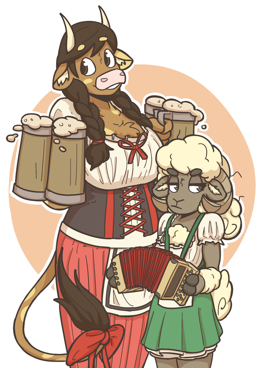 2017 2_fingers 4_fingers accordion alcohol anthro arm_tuft beer beverage big_breasts biped blush blush_sticker bodice bovine bow braided_hair breast_size_difference breasts brown_eyes brown_fur brown_hooves brown_horn brown_tail caprine chest_tuft clothed clothing cup curved_horn digital_drawing_(artwork) digital_media_(artwork) dirndl dress duo female fluffy fluffy_tail foam front_view frown fur green_clothing hair half-closed_eyes head_tuft hi_res holding_cup holding_musical_instrument holding_object hooved_fingers horn inner_ear_fluff lacing lederhosen long_tail looking_away mammal mary_(slightlysimian) minotaur mismatched_ears molly_(slightlysimian) multicolored_fur musical_instrument oktoberfest orange_background outline pigtails pink_nose ponytail portrait red_clothing ribbons sheep short_tail simple_background size_difference skirt slightlysimian small_breasts small_waist smile spots spotted_fur spotted_tail standing tail_bow tail_ribbon tail_tuft tailbow tan_fur tan_spots tan_tail three-quarter_portrait tuft twin_braids two_tone_fur two_tone_tail unimpressed voluptuous white_background white_fur white_horn white_tail wide_hips wool