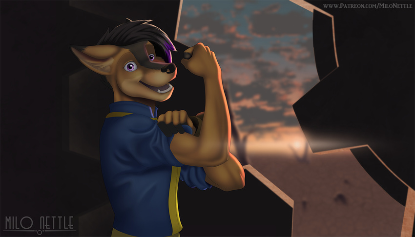 anthro canine clothed clothing cloud coyote detailed_background echo_filigree_(character) fallout flexing fully_clothed fur jumpsuit looking_at_viewer male mammal milo_nettle open_mouth pip-boy post-apocalyptic purple_eyes smile solo standing streaked_hair teeth tongue vault vault_suit video_games