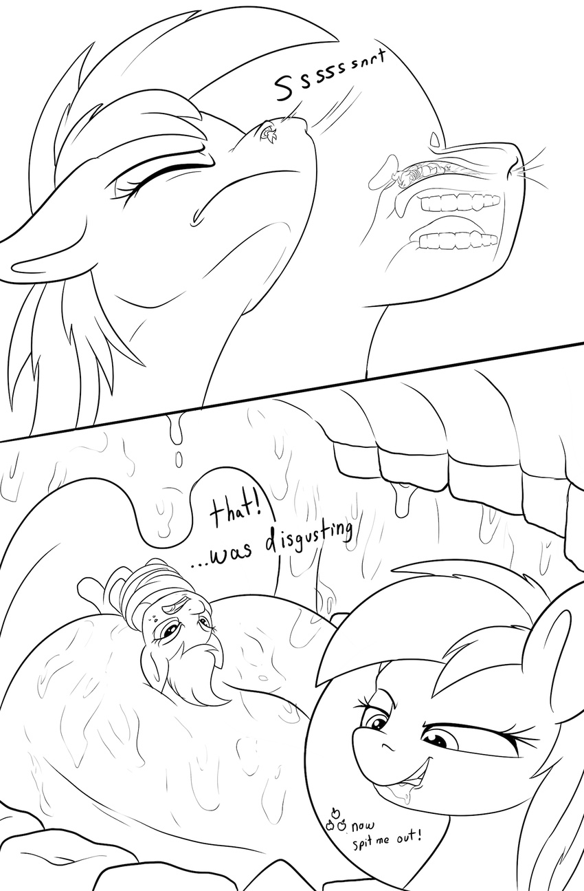 2017 applejack_(mlp) black_and_white comic dialogue duo earth_pony english_text equine eyes_closed friendship_is_magic hair hi_res horse line_art macro mammal monochrome my_little_pony nasal_vore pony ponythroat rainbow_dash_(mlp) saliva teeth text vore