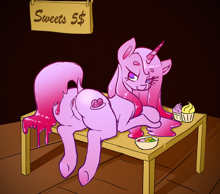 2017 bedroom_eyes big_butt butt digital_drawing_(artwork) digital_media_(artwork) equine fan_character female half-closed_eyes hooves horn horse jelly lying lying_on_table mammal my_little_pony pussy sanfingulipunrapin seductive solo table unicorn voluptuous