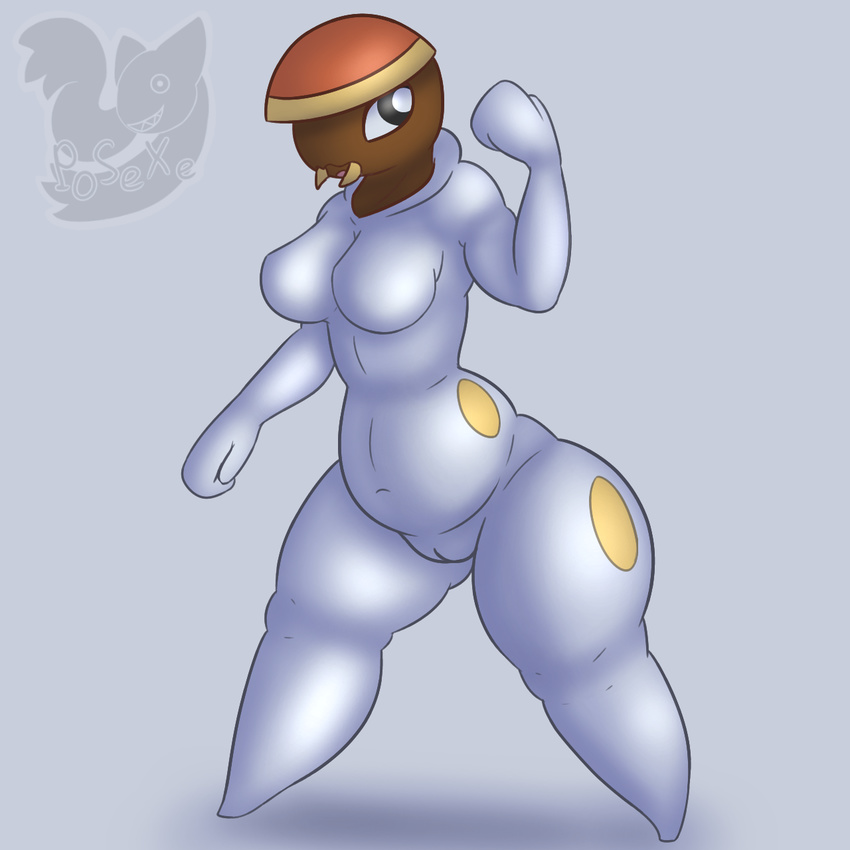 anthro anthrofied arthropod barefoot belly black_eyes breasts brown_skin featureless_legs featureless_limbs female grub grubbin insect looking_at_viewer navel nintendo nude open_mouth pok&eacute;mon pok&eacute;mon_(species) pok&eacute;morph posexe pussy simple_background slightly_chubby smile solo standing thick_thighs video_games watermark white_skin wide_hips