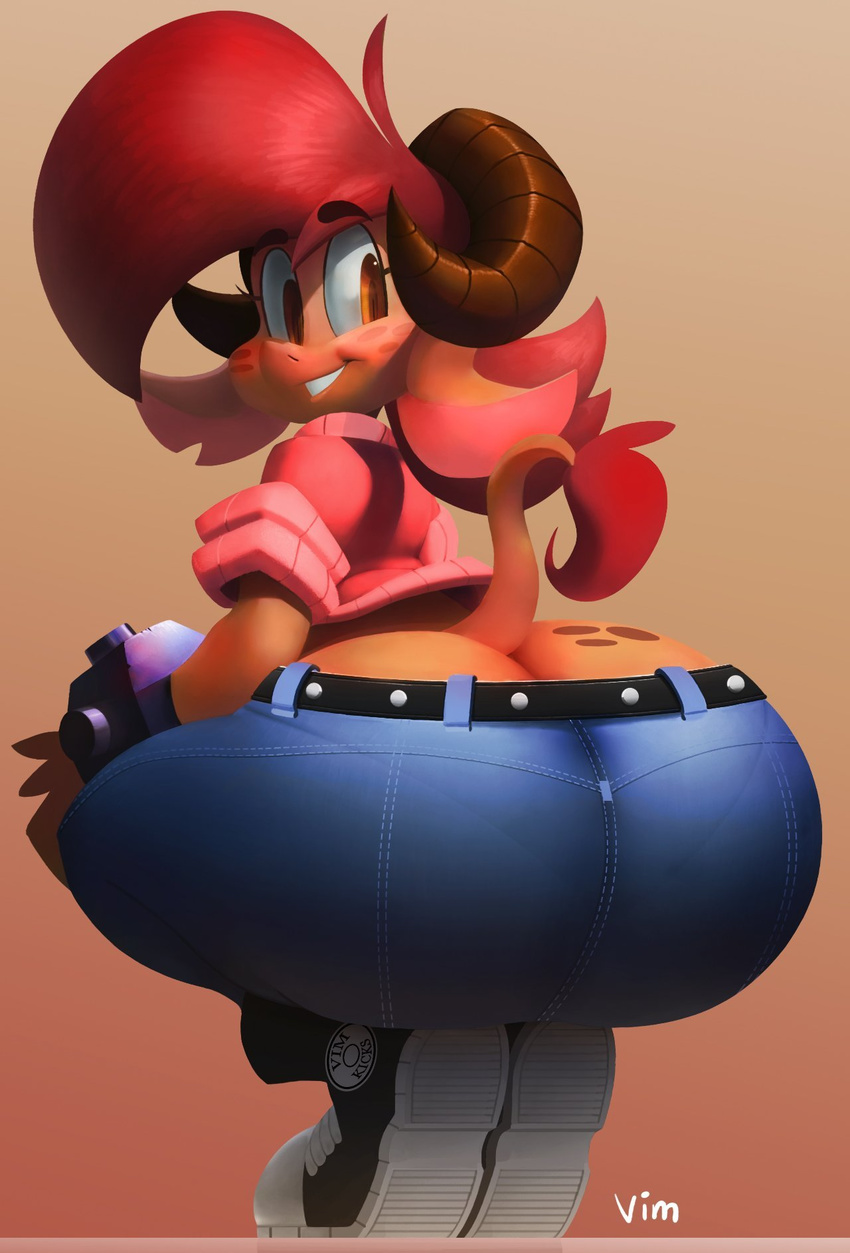2017 anthro big_butt bracelet butt butt_focus caprine clothed clothing crouching female footwear frances_sugarfoot freckles goat hair huge_butt jeans jewelry looking_back mammal neozoa pants rear_view red_hair smile solo thick_thighs vimhomeless wide_hips