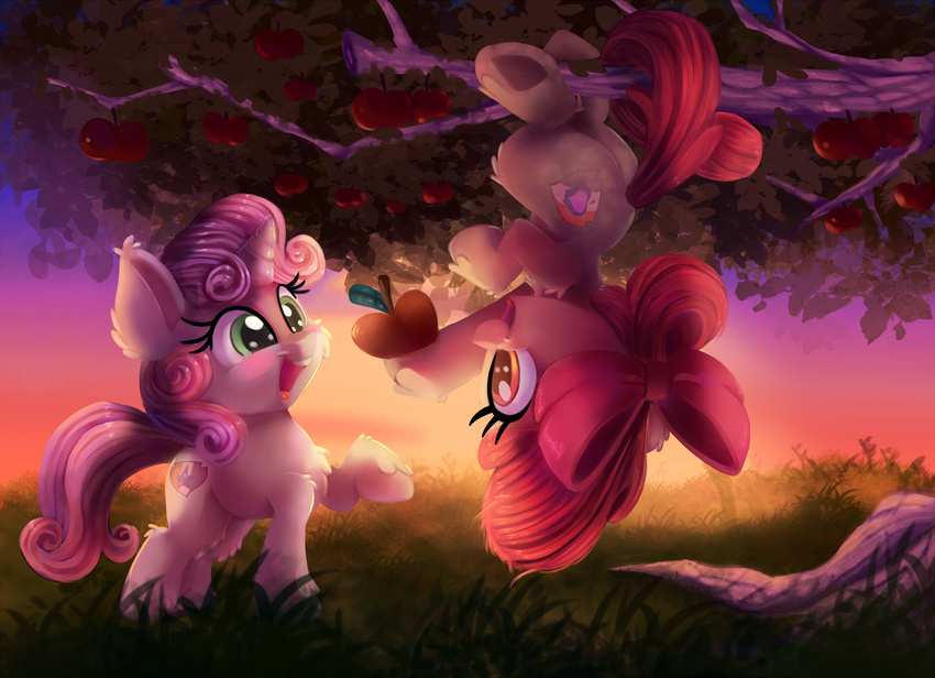 2017 apple apple_bloom_(mlp) cub cutie_mark duo earth_pony equine female feral food friendship_is_magic fruit grass hair hair_bow hair_ribbon hi_res horn horse mammal my_little_pony open_mouth outside pony ribbons sweetie_belle_(mlp) thediscorded unicorn upside_down young