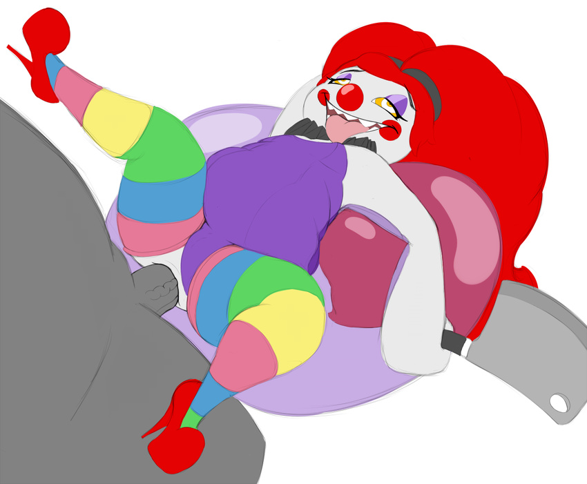anal balloon butcher_knife clothing clown dot_(mcnasty) duo eyeshadow female footwear hair high_heels humanoid leggings legwear makeup male mcnasty not_furry open_mouth penis red_hair sex sharp_teeth shoes teeth thick_thighs tongue tongue_out