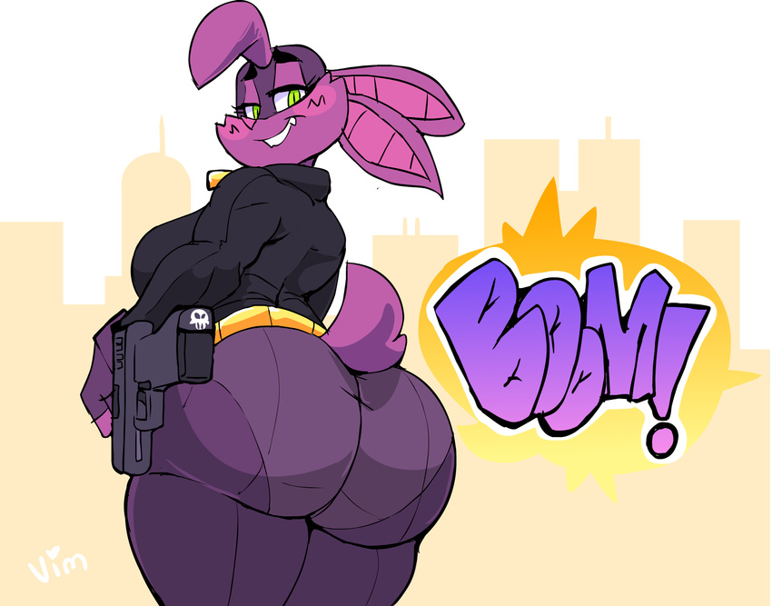 2017 anthro bat batgirl_(vimhomeless) big_breasts big_butt blush breasts butt clothing female green_eyes gun handgun huge_butt looking_back mammal panties pistol ranged_weapon rear_view skull solo superhero thick_thighs translucent transparent_clothing underwear vimhomeless voluptuous weapon wide_hips