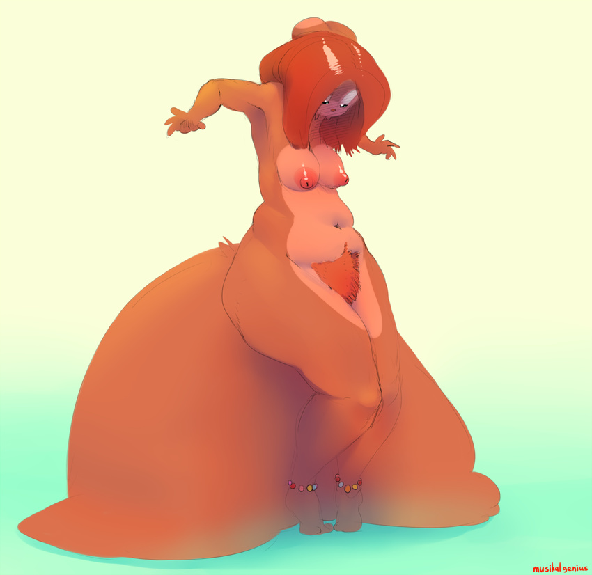 abigail_(musikalgenius) anthro areola big_tail breasts brown_fur brown_hair erect_nipples female fluffy fluffy_tail fur hair mammal musikalgenius nipples nude pubes rodent simple_background slightly_chubby solo squirrel