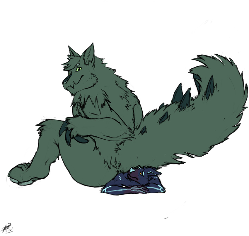 2017 ambiguous_gender anthro bodbloat canine chimera-mutt_(character) dog duo looking_back lying mammal pinned sat_on sitting sitting_on size_difference wolf