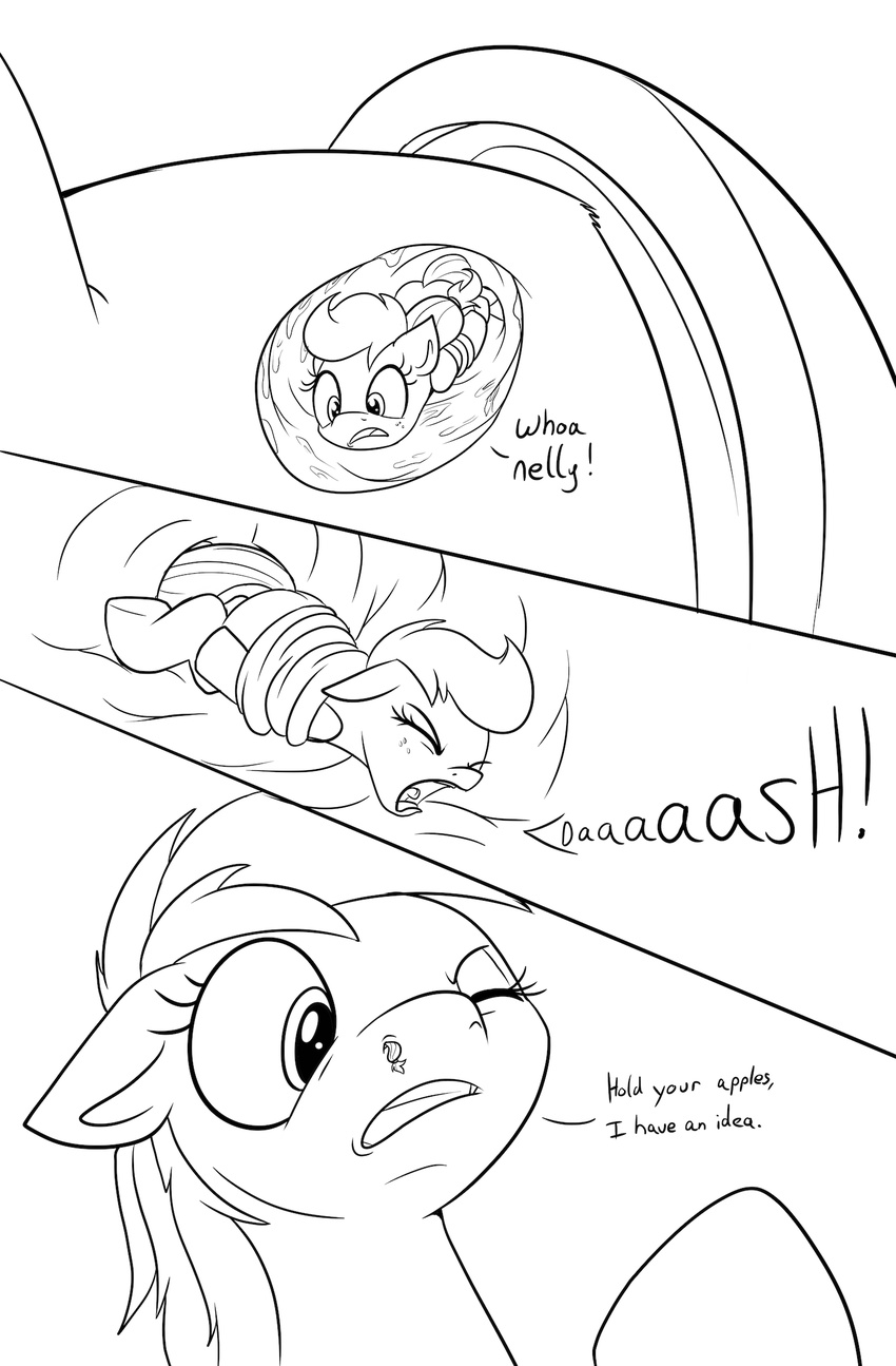 2017 applejack_(mlp) black_and_white comic dialogue duo earth_pony english_text equine feral friendship_is_magic hair hi_res horse line_art macro mammal monochrome my_little_pony nasal_vore one_eye_closed pony ponythroat rainbow_dash_(mlp) text vore