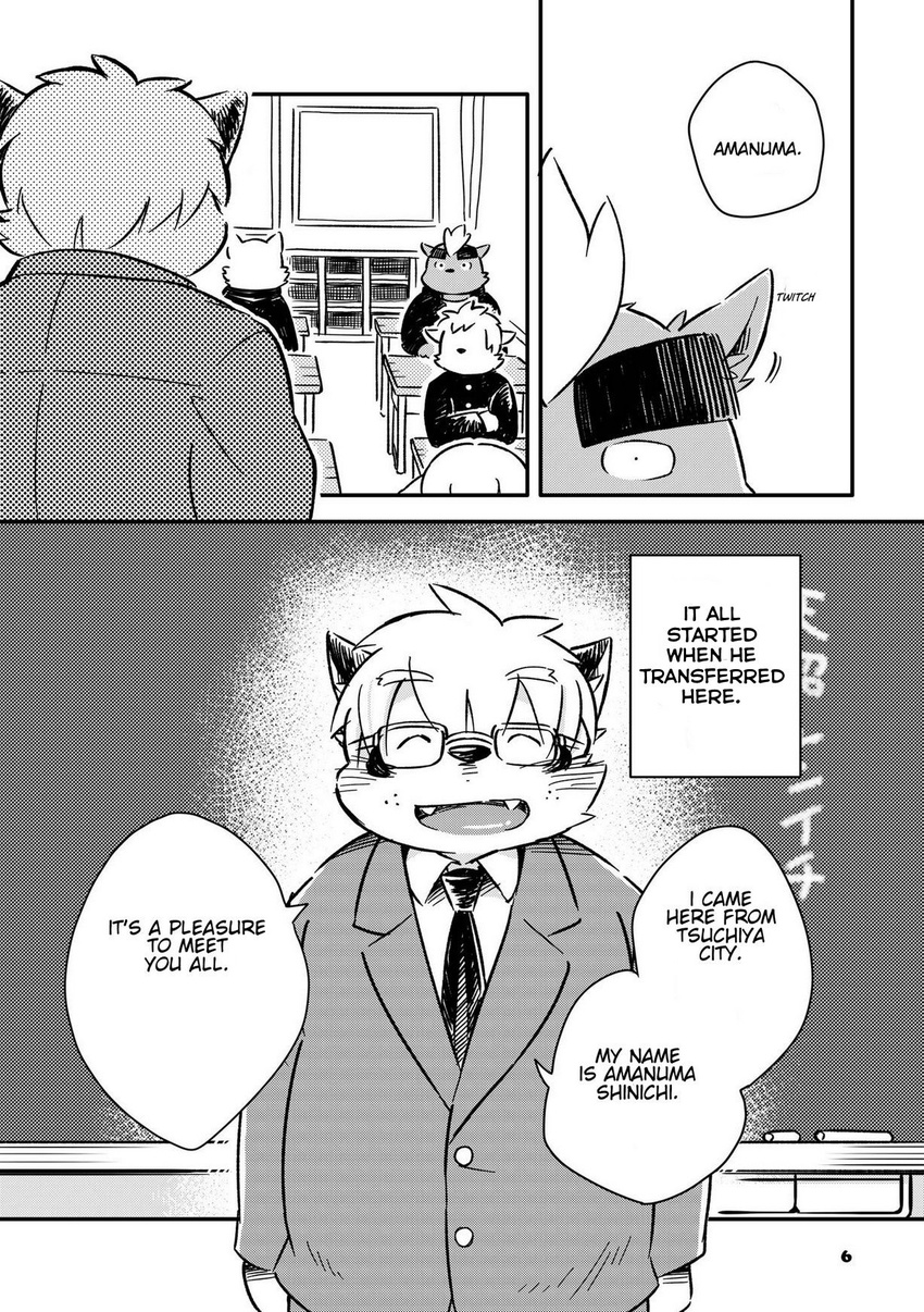 amanuma_shinichi blush canine classroom clothing comic dog english_text japanese_text kemono kinoshita-jiroh mammal mekko_rarekko school text translated uniform