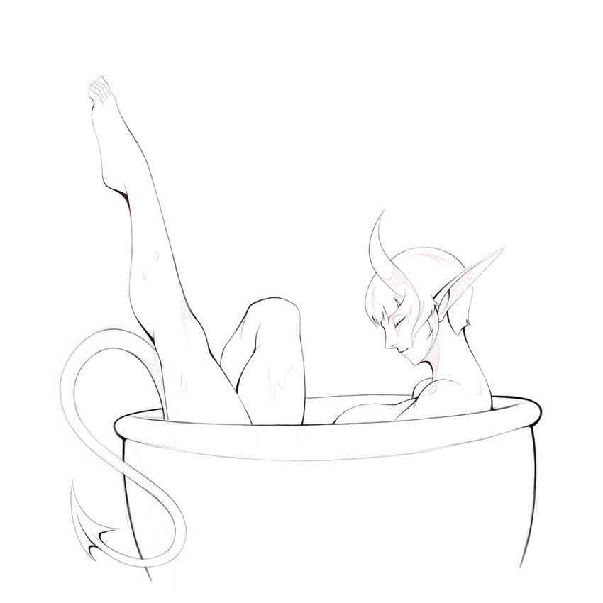 2017 bathing breasts cauldron demon eyes_closed female hair helga_(urw) horn humanoid long_ears monochrome not_furry nude pointy_ears raised_leg short_hair simple_background sketch solo spade_tail urw wet white_background