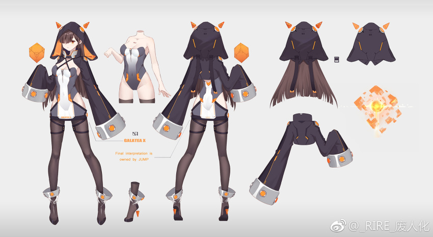 1girl black_coat black_hair breasts character_sheet high_heels highres leotard long_hair long_sleeves medium_breasts multiple_views orange_eyes original pantyhose semi-transparent simple_background skin_tight sleeveless smile_(mm-l) standing