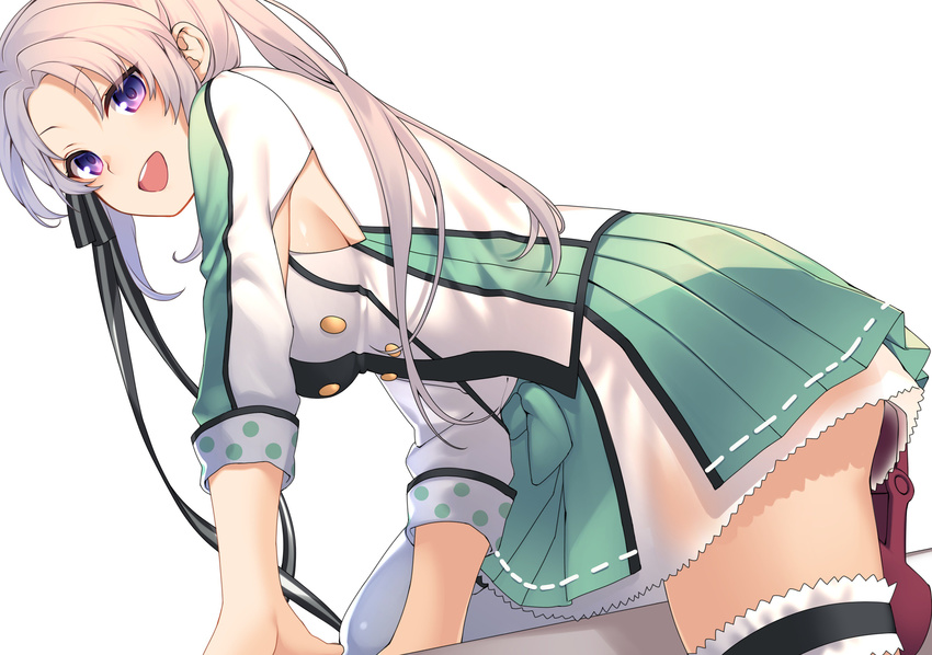 absurdres akitsushima_(kantai_collection) commentary_request hair_ornament hair_ribbon highres kantai_collection lio_(tsukuyomi-tei) long_hair open_mouth purple_eyes ribbon side_ponytail skirt uniform