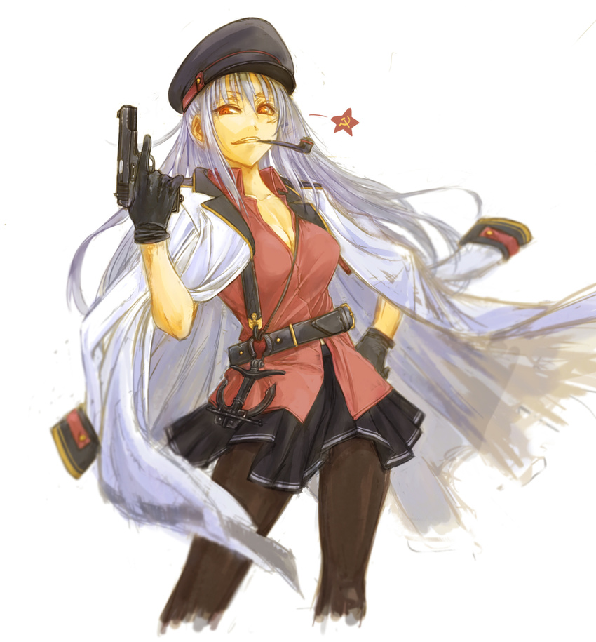 anchor belt black_gloves black_skirt breasts cervus cleavage collared_shirt commentary communism cowboy_shot cropped_legs dress_shirt gangut_(kantai_collection) gloves grey_hair grin gun hair_between_eyes hammer_and_sickle hand_on_hip hand_up handgun hat highres holding holding_gun holding_weapon jacket jacket_on_shoulders kantai_collection large_breasts long_hair looking_at_viewer military military_uniform miniskirt mouth_hold open_clothes open_shirt pantyhose parted_lips peaked_cap pipe pipe_in_mouth pistol pleated_skirt red_eyes red_shirt red_star ringed_eyes shirt simple_background skirt smile solo soviet standing star traditional_media trigger_discipline uniform weapon white_background white_jacket