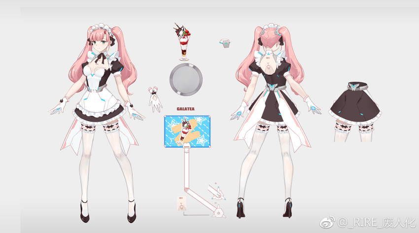 1girl breasts character_sheet gloves green_eyes high_heels highres long_hair maid maid_dress medium_breasts miniskirt multiple_views original pink_hair skirt smile_(mm-l) thigh_strap thighhighs thighs twintails white_gloves white_legwear