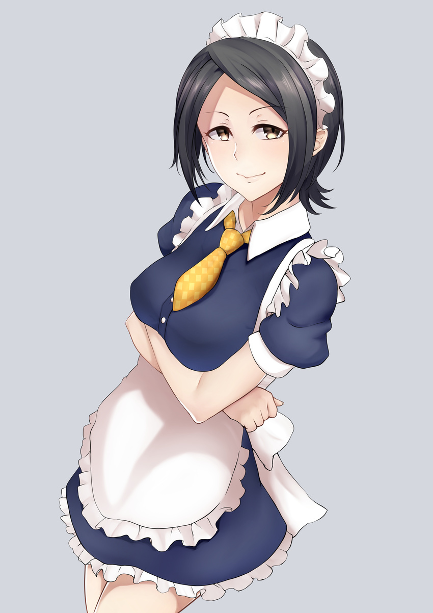 absurdres apron black_hair breasts brown_eyes closed_mouth covered_nipples crossed_arms frills gobi_(sobmobink) grey_background highres idolmaster idolmaster_cinderella_girls lips looking_at_viewer maid maid_headdress medium_breasts necktie short_hair smile solo tougou_ai waist_apron