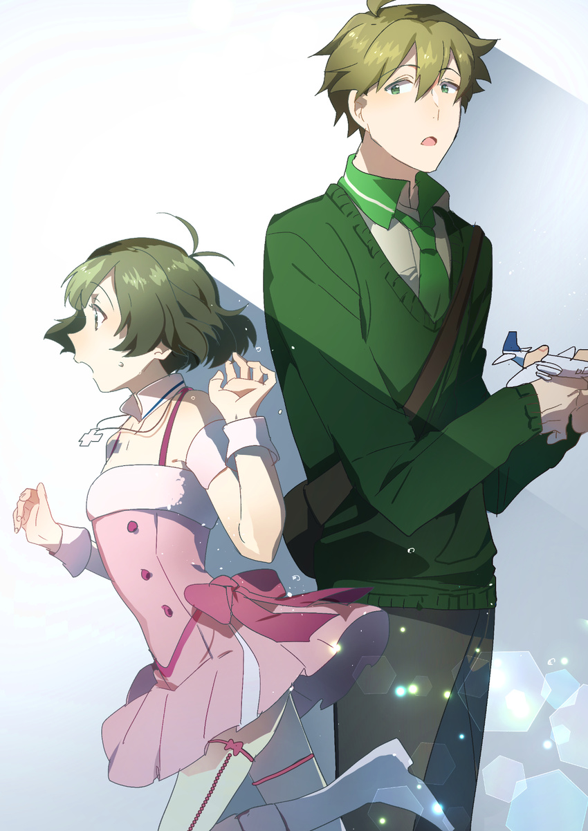 akizuki_ryou antenna_hair boots bow cute_&amp;_girly_(idolmaster) green_eyes green_hair green_neckwear height_difference highres idolmaster idolmaster_dearly_stars idolmaster_side-m jewelry kashiwagi_tsubasa male_focus model_airplane multiple_boys necklace necktie otoko_no_ko running short_hair spaghetti_strap sweater takumi_(scya) thighhighs