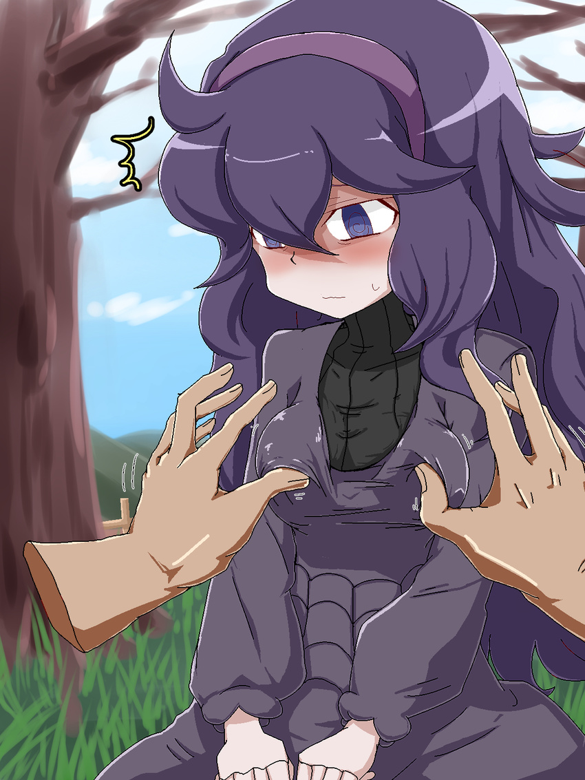 1girl @_@ ahoge al_bhed_eyes aliasing blue_sky blush breasts cloud day disembodied_hands disembodied_limb dress fence grass groping hands_together headband hex_maniac_(pokemon) highres long_hair long_sleeves looking_down matching_hair/eyes medium_breasts nervous npc_trainer outdoors pokemon pokemon_(game) pokemon_xy purple_dress purple_eyes purple_hair sitting sky solo sweat tamanegi009 tree turtleneck turtleneck_dress wavy_mouth
