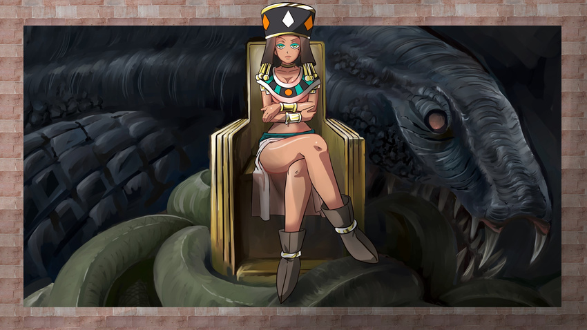 boots breasts brown_hair cleavage dark_skin dragon_ball dragon_ball_super fangs green_eyes greymon_(nodoame1215) hat helles highres long_hair medium_breasts midriff mole mole_under_eye navel sitting snake throne