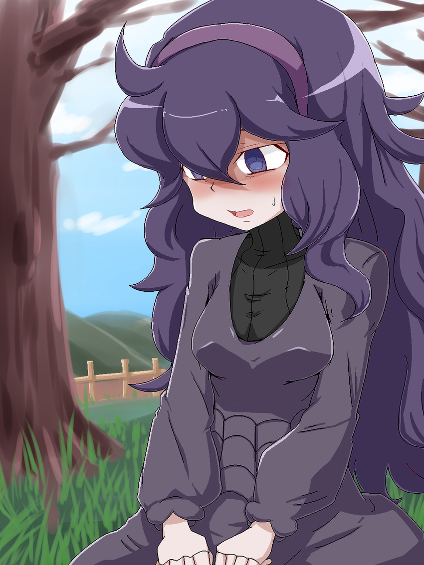 1girl @_@ ahoge al_bhed_eyes aliasing blue_sky blush breasts cloud day dress fence grass hands_together headband hex_maniac_(pokemon) highres long_hair long_sleeves looking_down matching_hair/eyes medium_breasts nervous npc_trainer open_mouth outdoors pokemon pokemon_(game) pokemon_xy purple_dress purple_eyes purple_hair sitting sky sweat tamanegi009 tree turtleneck turtleneck_dress