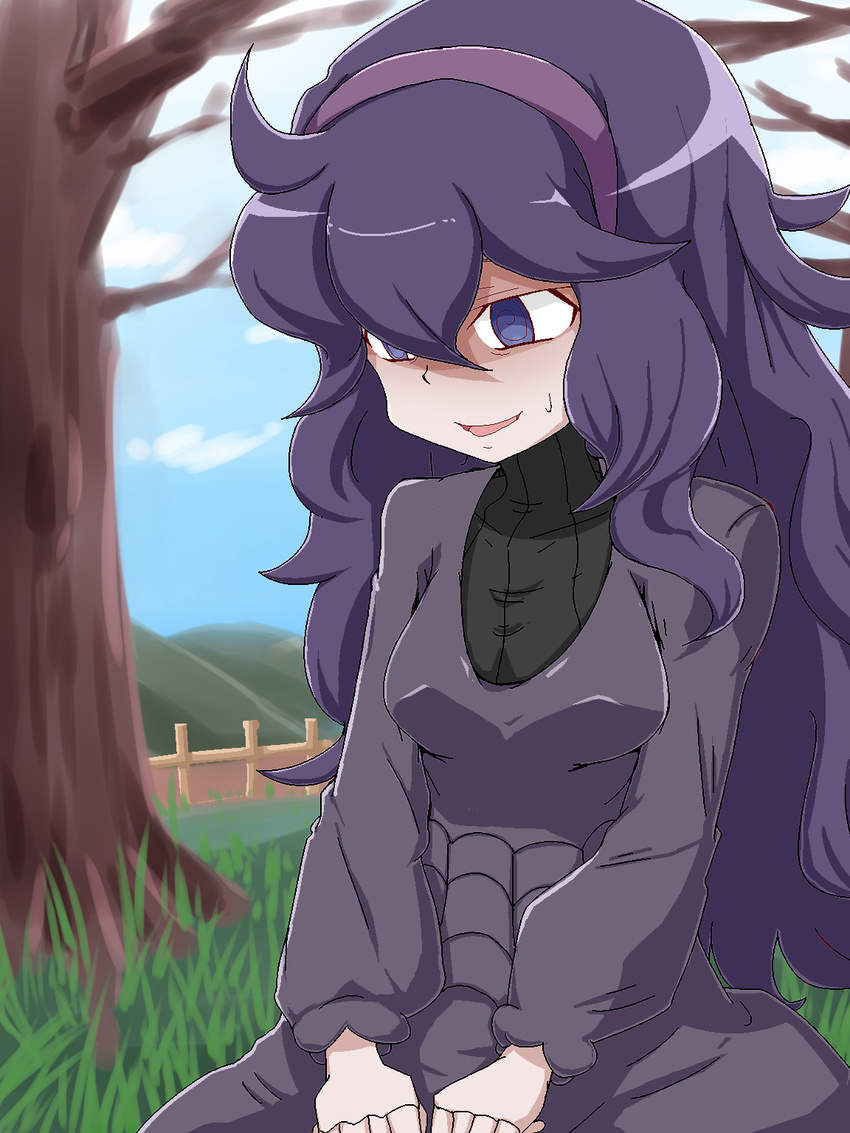 1girl @_@ ahoge al_bhed_eyes aliasing blue_sky breasts cloud day dress fence grass hands_together headband hex_maniac_(pokemon) highres long_hair long_sleeves looking_down matching_hair/eyes medium_breasts nervous npc_trainer open_mouth outdoors pokemon pokemon_(game) pokemon_xy purple_dress purple_eyes purple_hair sitting sky smile solo sweat tamanegi009 tree turtleneck turtleneck_dress