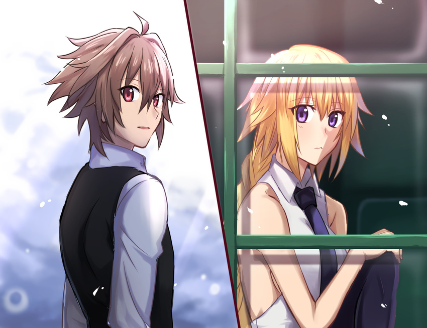 1boy 1girl ahoge blonde_hair blue_eyes blush braid brown_hair collared commentary_request couple eyebrows_visible_through_hair fate/apocrypha fate/grand_order fate_(series) hair_between_eyes highres long_hair open_mouth purple_eyes red_eyes ruler_(fate/apocrypha) shirt sieg_(fate/apocrypha) single_braid sora72214 sweater turtleneck white_shirt