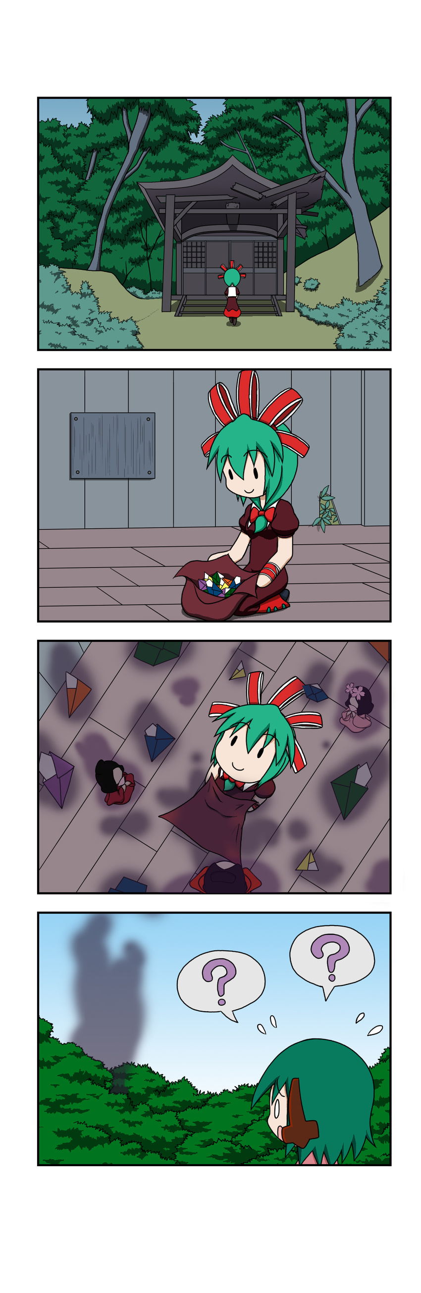 4koma ? absurdres animal_ears aura bag cherry_blossoms comic dark_aura doll fan flying_sweatdrops forest front_ponytail hair_ribbon highres japanese_clothes kagiyama_hina kasodani_kyouko kimono multiple_girls nagashi-bina nature origami rakugaki-biyori ribbon shrine silent_comic spoken_question_mark touhou tree