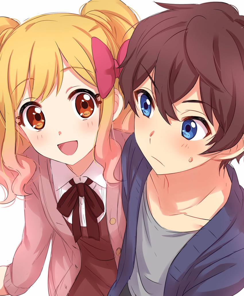 1girl :d aikatsu!_(series) aikatsu_stars! bangs blonde_hair blue_eyes blue_jacket blush bow brown_dress brown_eyes brown_hair brown_ribbon collared_shirt commentary_request dress embarrassed eyebrows_visible_through_hair gradient_hair grey_shirt hair_between_eyes hair_bow happy highres jacket long_hair long_sleeves looking_at_another multicolored_hair neck_ribbon nijino_yume open_mouth pants pink_bow pink_hair pink_jacket ribbon sekina shirt simple_background smile sweatdrop twintails white_background white_shirt yuuki_subaru