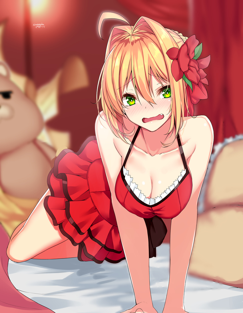 ahoge arm_support bare_shoulders bed blonde_hair blush breasts cleavage collarbone crying crying_with_eyes_open dress eyebrows_visible_through_hair fang fate/extra fate/grand_order fate_(series) flower green_eyes hair_between_eyes hair_flower hair_intakes hair_ornament highres looking_at_viewer medium_breasts modern_costume_of_crimson nebusoku nero_claudius_(fate) nero_claudius_(fate)_(all) on_bed open_mouth orion_(fate/grand_order) pillow red_dress sleeveless sleeveless_dress solo stuffed_toy tears v_arms