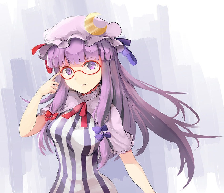 adjusting_eyewear bespectacled blue_ribbon breasts capelet clear_echoes crescent crescent_hair_ornament dress glasses hair_ornament hat long_hair looking_at_viewer medium_breasts mob_cap patchouli_knowledge purple_eyes purple_hair red-framed_eyewear red_ribbon ribbon short_sleeves smile solo striped striped_dress touhou very_long_hair