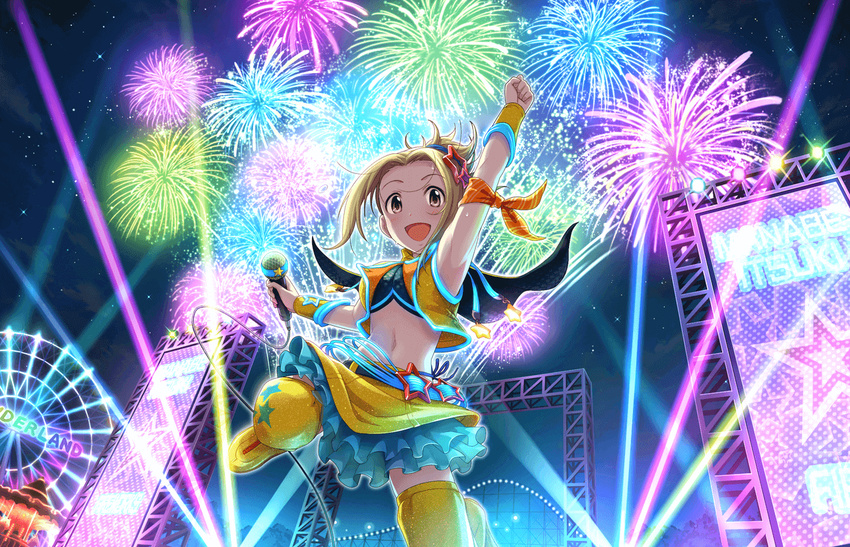 amusement_park artist_request boots brown_eyes brown_hair cape carousel ferris_wheel fireworks hair_ornament idolmaster idolmaster_cinderella_girls idolmaster_cinderella_girls_starlight_stage jpeg_artifacts manabe_itsuki microphone midriff official_art roller_coaster smile solo thigh_boots thighhighs tree yellow_legwear