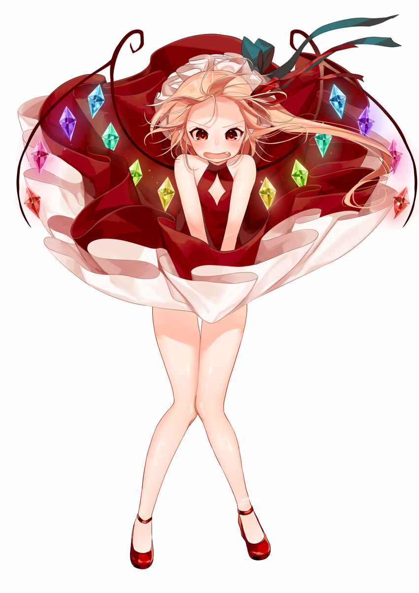 bare_arms bare_legs bare_shoulders blonde_hair dress dress_tug facial_mark fang flandre_scarlet forehead_mark full_body gotoh510 hair_ribbon hat hat_ribbon highres knees_together_feet_apart long_hair mob_cap open_mouth red_dress red_eyes red_footwear red_ribbon ribbon shoes side_ponytail solo standing touhou v_arms white_hat wind wind_lift wings