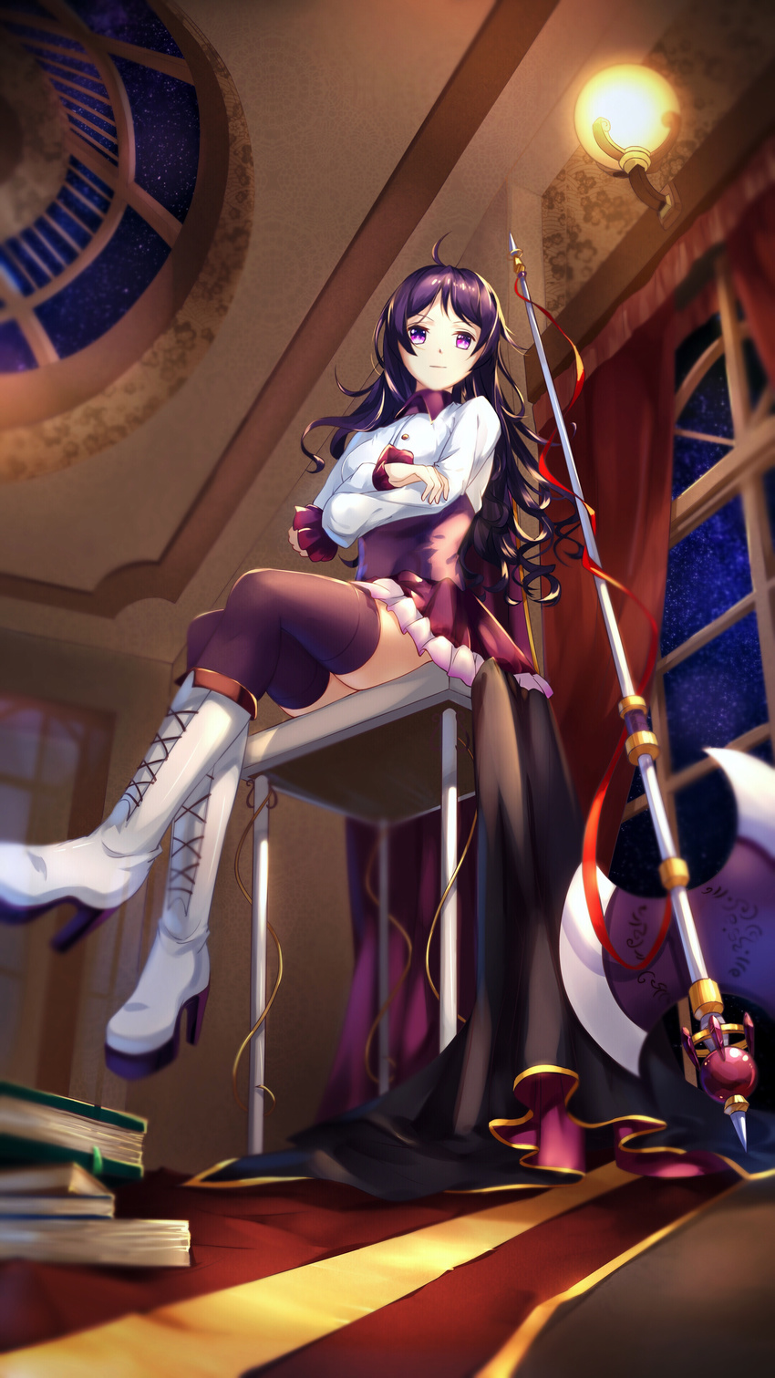 absurdres axe black_legwear boots breasts chair closed_mouth crossed_arms eyebrows_visible_through_hair full_body high_heel_boots high_heels highres indoors knee_boots large_breasts long_hair looking_at_viewer luo_qingyu night original purple_eyes purple_hair red_skirt sitting skirt sky solo star_(sky) starry_sky thighhighs weapon white_footwear window