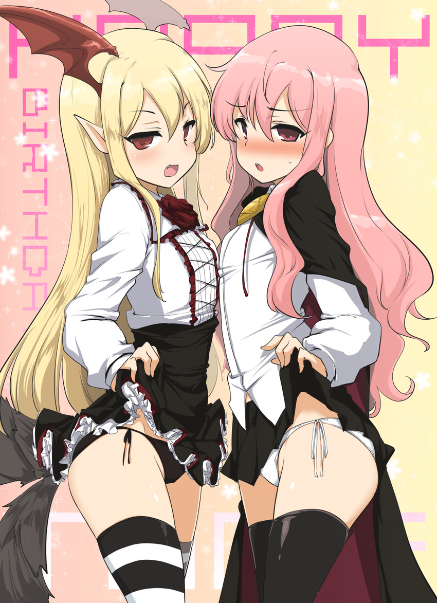 bat_wings black_cape black_legwear black_panties black_skirt blonde_hair blush cape collared_shirt crossover fang flower frilled_skirt frills granblue_fantasy happy_birthday head_wings highres kugimiya_rie lifted_by_self long_hair long_sleeves looking_at_viewer louise_francoise_le_blanc_de_la_valliere momio multiple_girls open_mouth panties pink_eyes pink_hair pointy_ears red_eyes red_flower red_rose rose seiyuu_connection shingeki_no_bahamut shirt side-tie_panties skirt skirt_lift striped striped_legwear thighhighs underwear vampy white_panties white_shirt wings zero_no_tsukaima