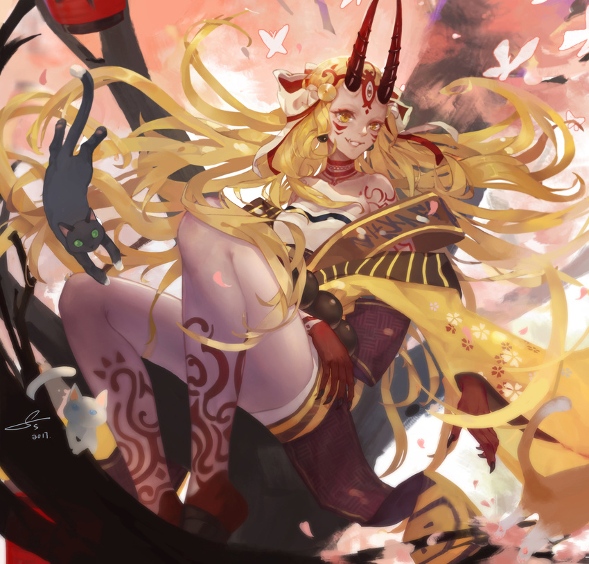 2017 artist_name black_cat blonde_hair breasts bug butterfly cat commentary_request fang fate/grand_order fate_(series) fingernails grin highres horns ibaraki_douji_(fate/grand_order) insect japanese_clothes kimono long_hair medium_breasts oni oni_horns petals sharp_fingernails sheng_(ssn0426) smile solo tattoo very_long_hair white_cat yellow_eyes yellow_kimono