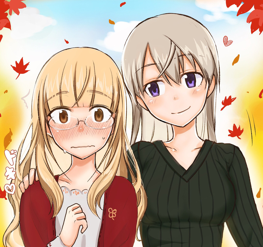 autumn autumn_leaves blonde_hair blush breasts brown_eyes collarbone eila_ilmatar_juutilainen emirio_(user_wmup5874) glasses hand_on_shoulder highres looking_at_viewer medium_breasts multiple_girls perrine_h_clostermann purple_eyes smile source_request strike_witches sweater white_hair world_witches_series
